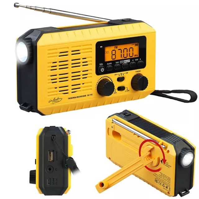 infactory Solar- und Dynamo-Koffer-Radio, LED-Licht, SOS, Powerbank, LCD-Display