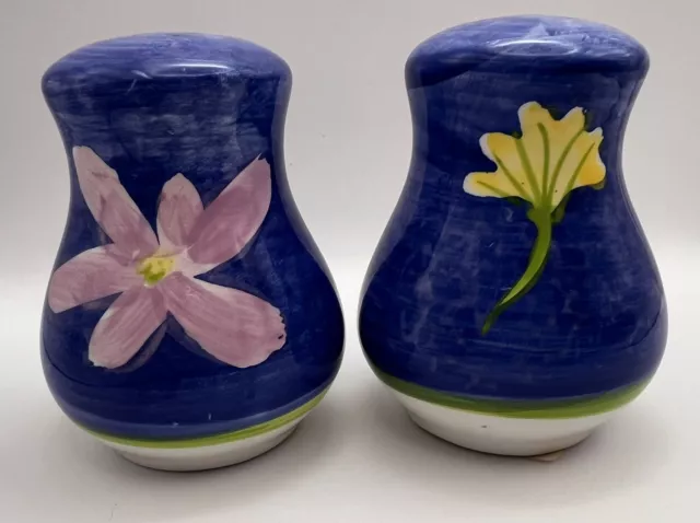 Vintage Ceramic Watercolor Hand Painted Floral Blue Salt & Pepper Shakers