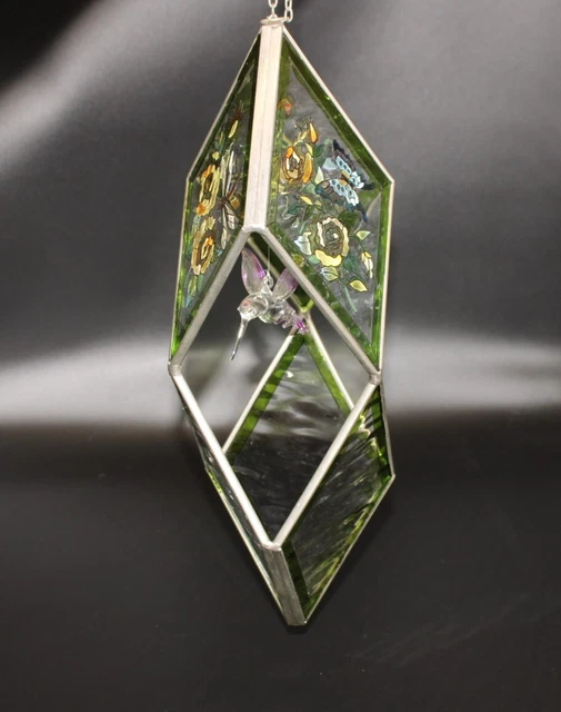 VTG Stained Glass Hummingbird Terrarium Atrium Air Plant Holder Hanging 13" T