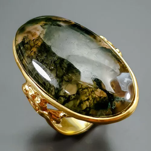 Handmade 37 ct Natural Moss Agate Ring 925 Sterling Silver Size 7.5 /R348561