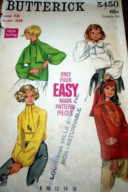 *LOVELY VTG 1960s BLOUSE BUTTERICK Sewing Pattern 16/38