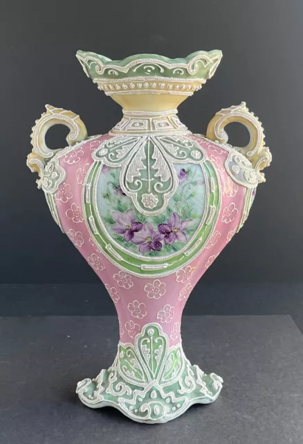 Antique Nippon MORIAGE Flower Multi-Color Hand Painted Jeweled 10” Vase