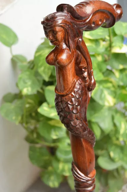 Sirène en Bois Sculpté Bâton de Marche Canne Handmade Crafted Confortable Handl