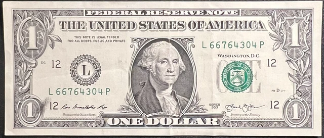 2013 $1 One Dollar Bill Ink Smear Slight Ink Bleed Through