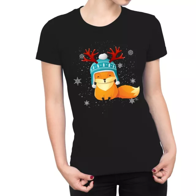 1Tee Womens Cute Christmas Fox Wearing Hat with Reindeer Antlers T-Shirt