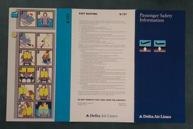 DELTA AIR LINES B-727 Passenger Safety Emergency Information Card 1995 3