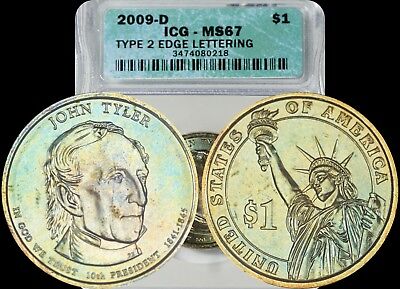 2009-D John Tyler Presidential Dollar ICG MS67 Green/Gold Toned