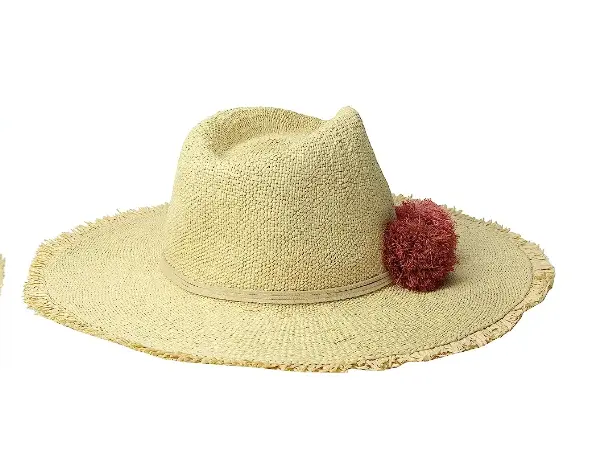 Hat Attack Beach Hat with Raffia Poms Trim (Natural/Sunrise) Caps One Size