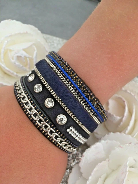 Bracelet femme tricolore à 3 liens en cuirs colorés avec fermoir aimanté argenté. Couleurs personnalisables