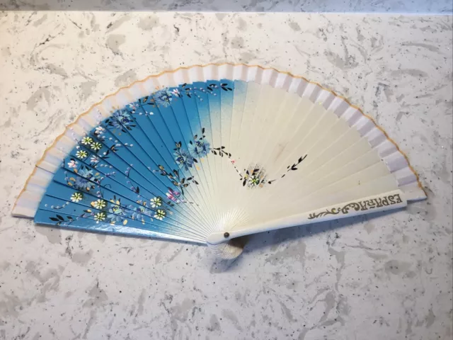 Wood & Silk Folding Hand Painted Fan ESPANA Spanish Flamenco dancer  9" x 17"