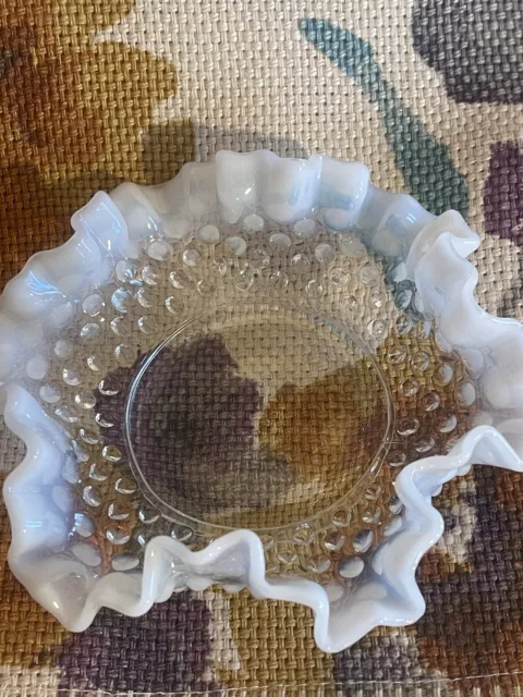 VTG Fenton Hobnail White Clear Opalescent Ruffled Edge Glass Candy Dish Bowl EUC
