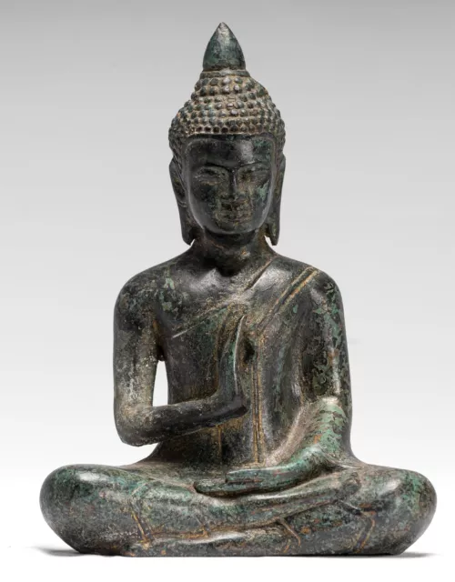 Antique Khmer Style Bronze Buddha Statue Dharmachakra Teaching Mudra - 18cm/7"