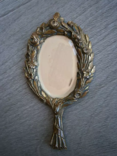 Petit Miroir Face à main Ancien Bronze Doré Fleurs Déco Mode femme 1900