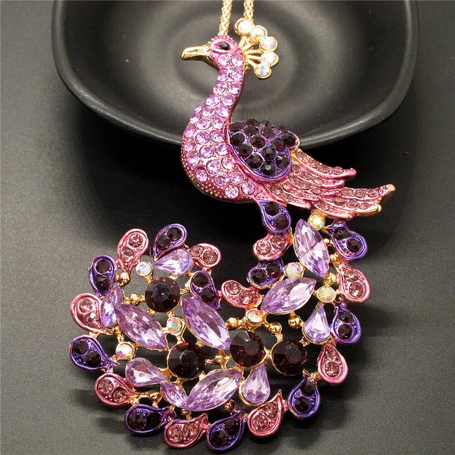 Betsey Johnson Purple Crystal Peacock Bling Animal Pendant  Chain Necklace