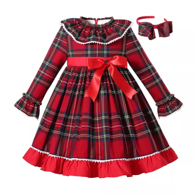 Spanish Girls Tartan Christmas Dress with Headband Autumn 2 3 4 5 6-7 8-9 10 12