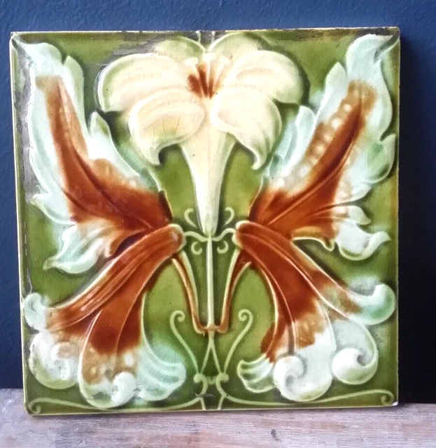 Antique Corn Bros c1900 Art Nouveau Majolica Lily Flower Ceramic / Pottery Tile