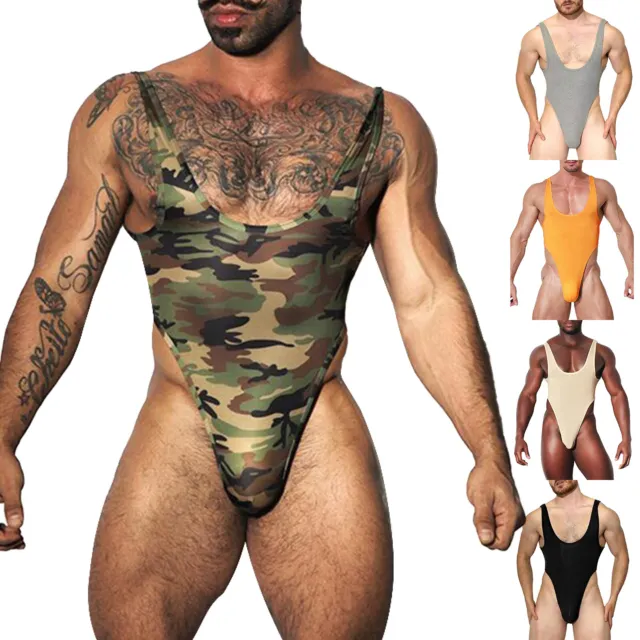 Men Leotard V Neck Bodysuit Fashion Wrestling Singlet Camouflage Print Lingerie