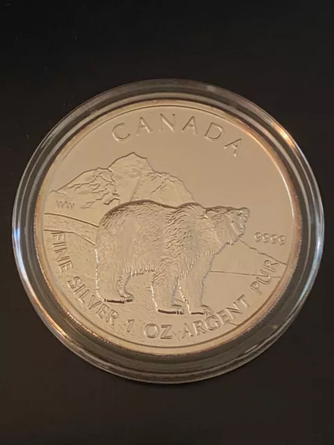 GRIZZLY in capsule. 1 oz .9999 SILVER 2011 $5 Canada Wildlife Series COIN