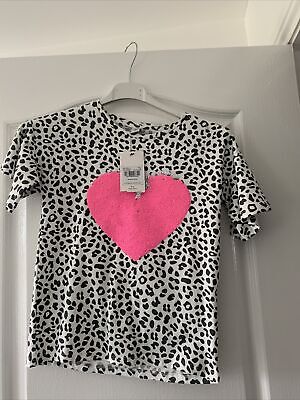 T-shirt estiva leopardata nuova con etichette bambina TU età 9 anni I bella con cuore glitter