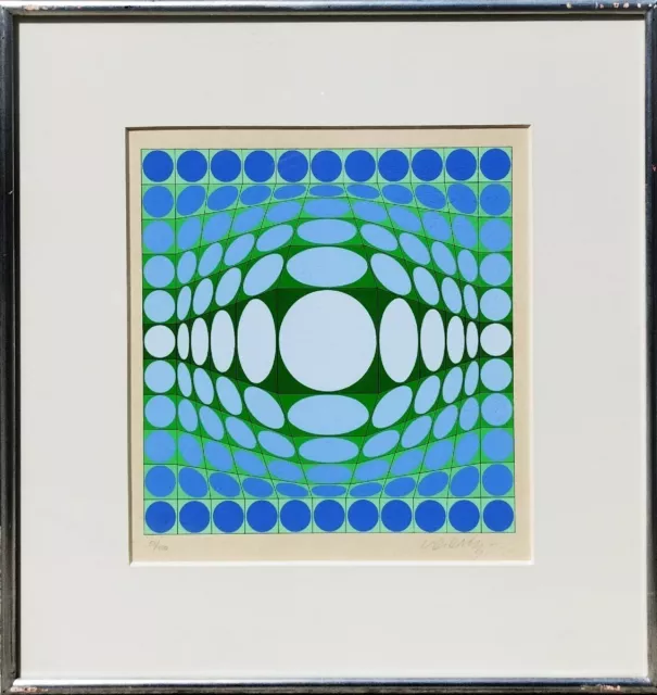 Victor Vasarely o.T. Komposition in Blau und Grun Serigraph Signed Framed ED250