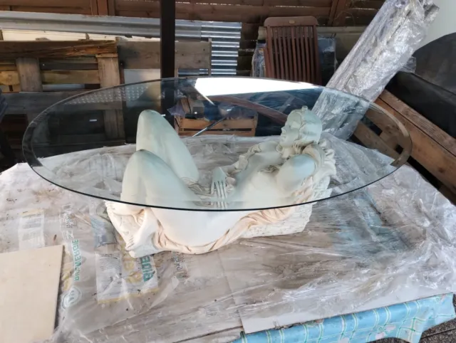 Grande table basse vintage en verre sculpture femme érotique céramique année 70 2