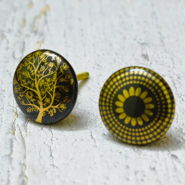 Black and Gold Ceramic Cabinet, Cupboard, Drawer Pull /Knobs Hand Painted