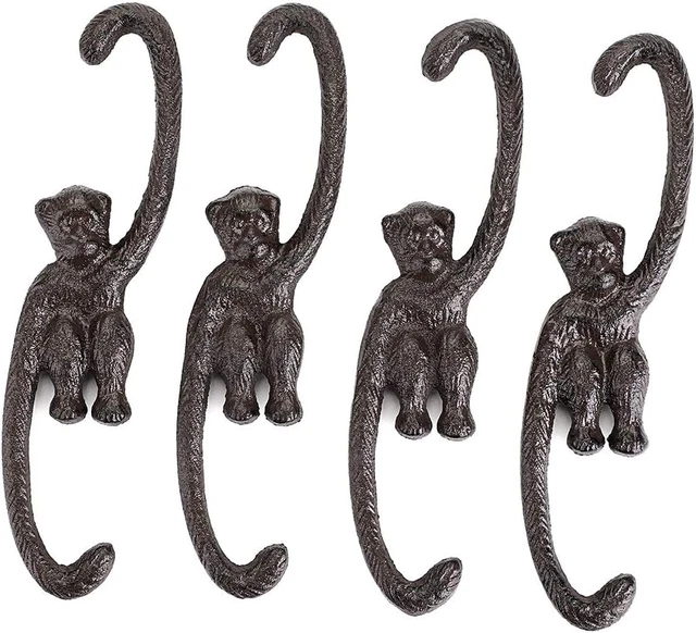 Ownmy Set of 4 Heavy Duty Cast Iron S Monkey Hooks - 8 Inch Decorative Metal Pla