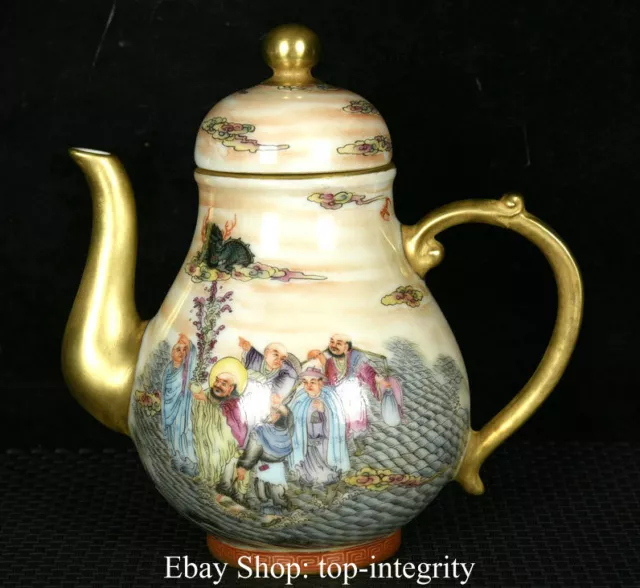 7"Marked Old China colour enamel Porcelain Gilt Arhat 18 Lohan Buddha Teapot Pot