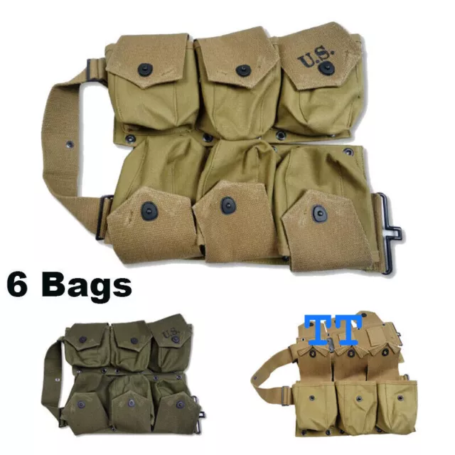 World War II US Army B.A.R. 6 Bags Khaki Army Bar Money Belt Pack Button Closure