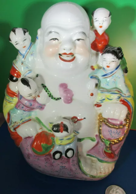 Large Happy Buddha of Wealth w 5 Children Hand Painted Ceramic Figure 7.5" Tall