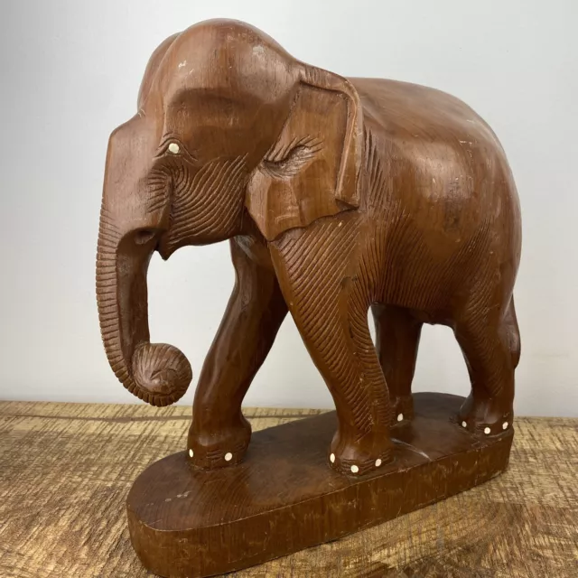 VINTAGE Large Wooden Elephant Statue Hand Carved SOLID Wood Thailand Heavy