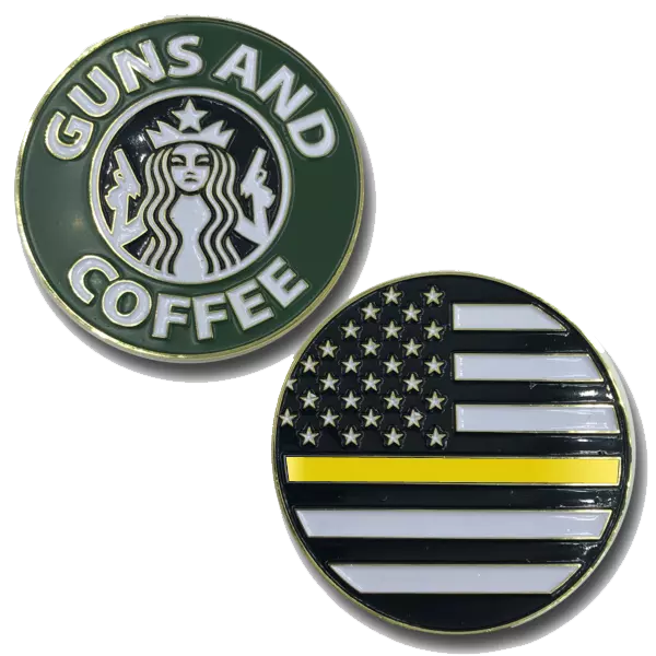 L-15 Thin Yellow/Gold Line Guns and Coffee Challenge Coin Police 911 dispatcher