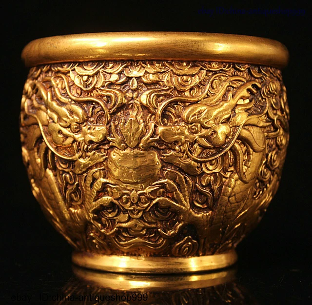 China Dynasty Bronze 24K Gold Gilt Double Dragon Loong Ball Pot Jar Crock Censer