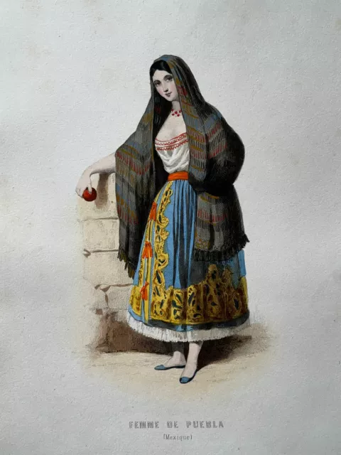 WOMAN PUEBLA Mexico ENGRAVING Aubert COSTUMES America 19th°