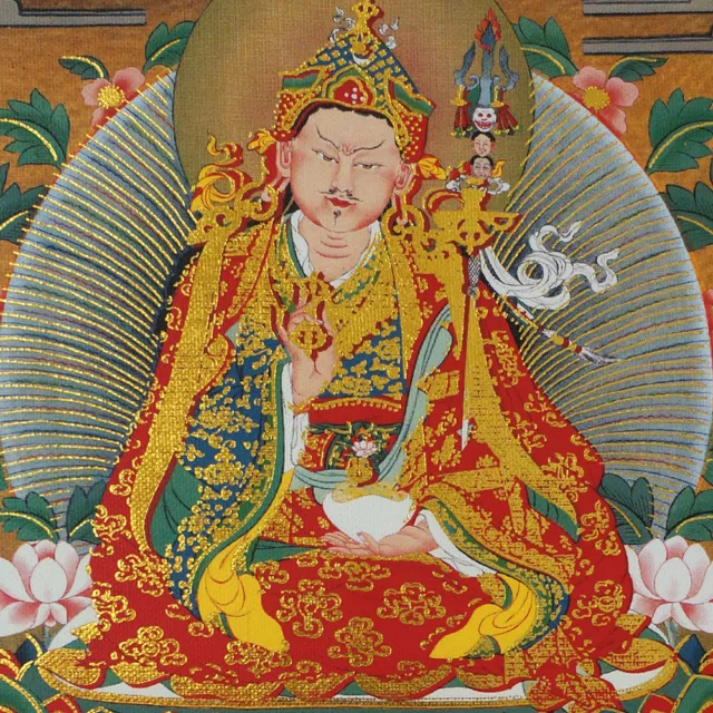 14" Silk Brocaded Golden Wood Scroll Tibet Thangka:padmasambhava Guru Rinpoche =