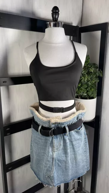 Iro Paris High-Waist Denim Skirt, Shearling & Leather Belt, Size 38/34”/Lg, New