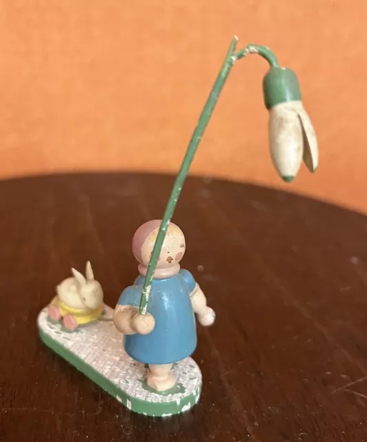 Old Vintage German Wendt & Kuhn Erzgebirge Wood Girl Pulling Rabbit Figurine