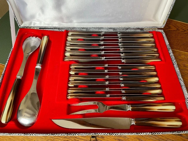 Couverts De Service Corne Bovine Métal Argenté Inox - Vaisselle Vintage Art Deco