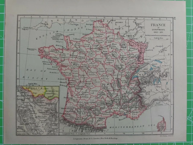 France in Departments 1860 - 1871 Map 1898 Antique English History Gardiner