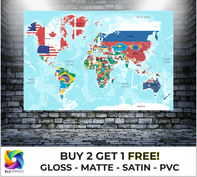 LAMINATED World Map Atlas Country Flags Names Large Poster Art Print Gift A1 A2