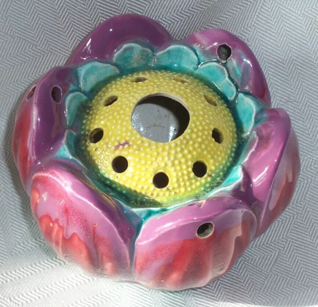 Antique Majolica Lotus HANGING Flower Frog Vase Japanese Art Pottery Planter