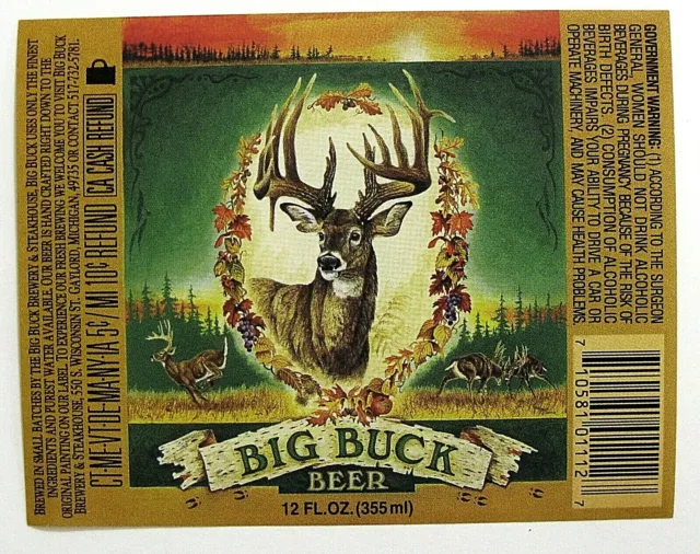 Big Buck Brewery & Steakhouse BIG BUCK BEER label MI 12oz