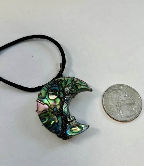 Gorgeous Abalone Crescent Moon Tree Of Life Pendant MOP Necklace Wire Wrapped
