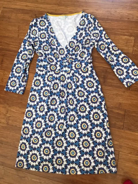 Boden Cream Blue Floral Jersey V Neck Long Sleeve Shorter Length Dress UK 8R/ 8P
