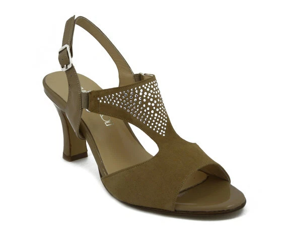 Sandales Femmes Plante Confortable en Cuir Daim Beige et Strass Talon Moyen 7 CM