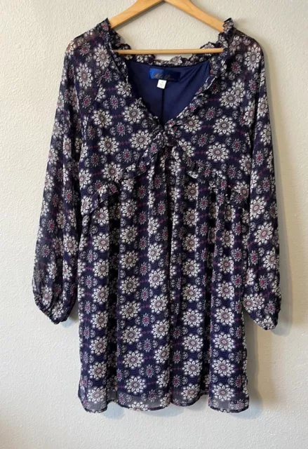 Blue Rain Floral Long Sleeve Mini Dress Purple size L