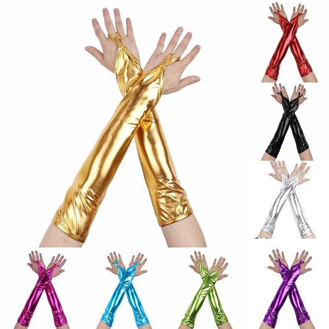 Gants longs sans doigts pour femmes en PU paillettes métal imprimé doigts acce