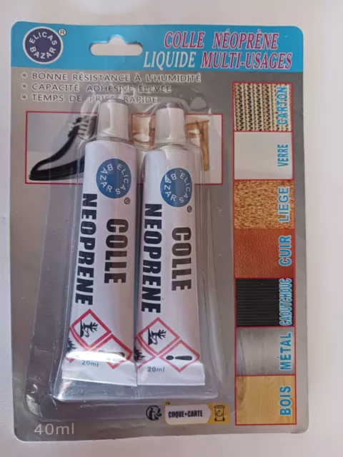 Deux tubes de colle néoprène liquide pour bois - métal - cuir- verre-carton.