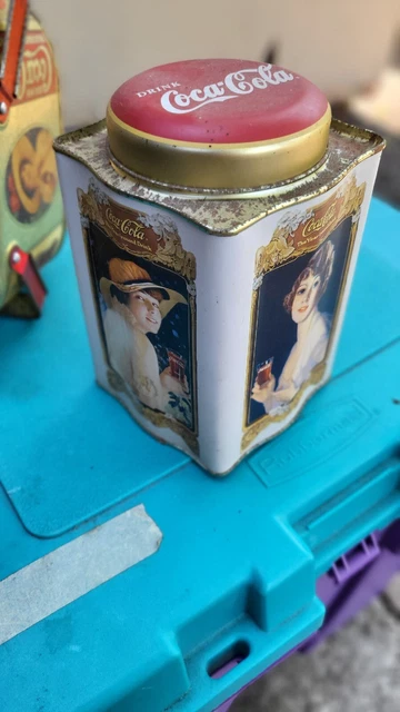 COCA-COLA Metal Flared Square Countertop CANISTER w/LID 6.25" Tall x 4.2" Square