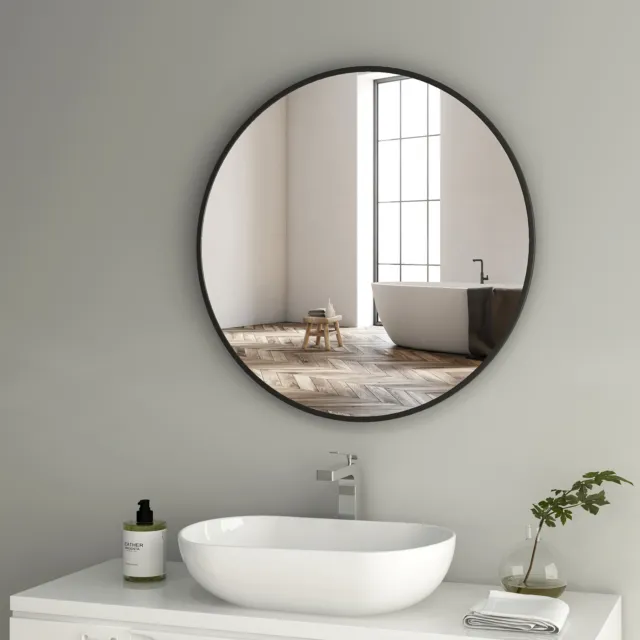 Round LED Mirror Bathroom Black Gold Frame With/no Clock Demister Illuminated